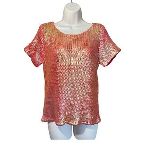 OSCAR De La RENTA Peach Gold Shimmer Ribbed Knit Sweater Top Short Sleeve Medium